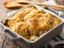 Spaghetti zapiekane z kurczakiem i grzybami