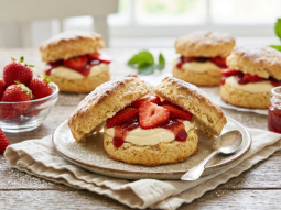Maślane scones z kremem waniliowym i truskawkami