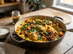 Jednogarnkowe biryani z kurczakiem z batatem i karmelizowaną cebulką
